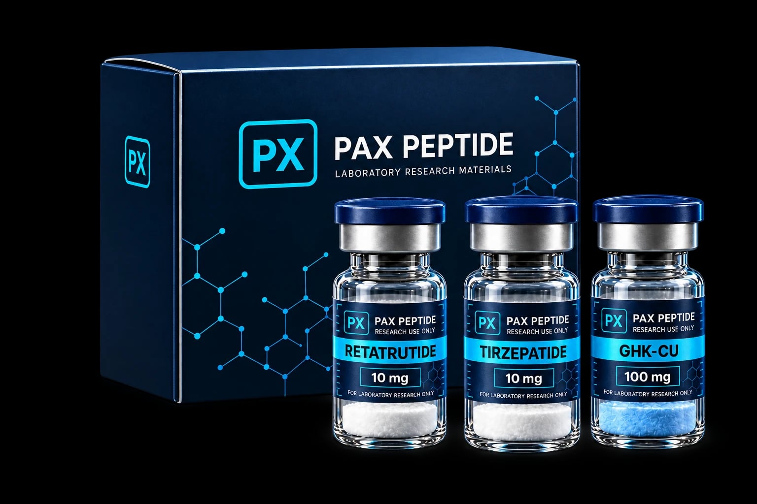 Pax Peptide PX research packaging and labeled peptide vials with mg strengths