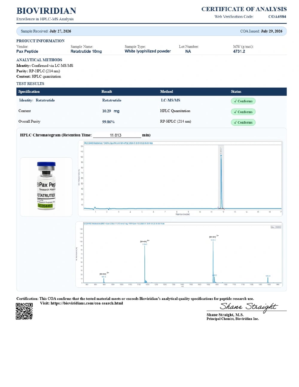 Example Retatrutide 10mg certificate of analysis from Bioviridian, report COA6984